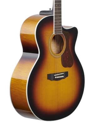 Guild F250CE Jumbo Cutaway Acoustic Electric Guitar Flame Maple Body Angled View